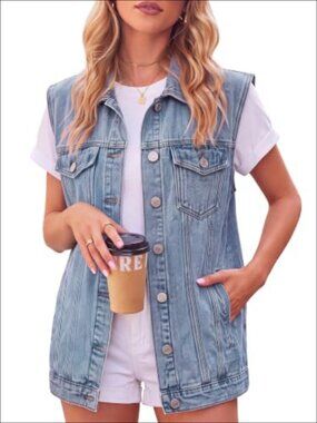 Oversized Denim Vest Sleeveless Button Down Jean Vest with Pockets